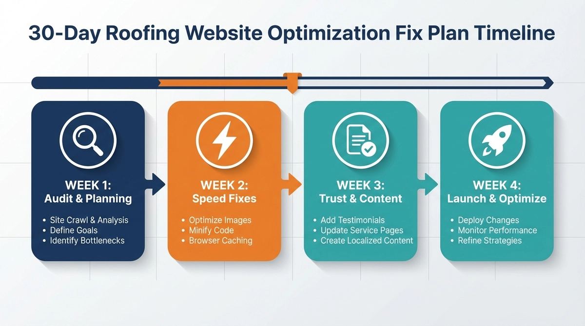 Horizontal timeline infographic showing 4-week roofing website optimization plan with Week 1 Audit & Planning (magnifying glass), Week 2 Speed Fixes (lightning bolt), Week 3 Trust & Content (document), and Week 4 Launch & Optimize (rocket) with progress arrow and milestone markers in navy blue and orange