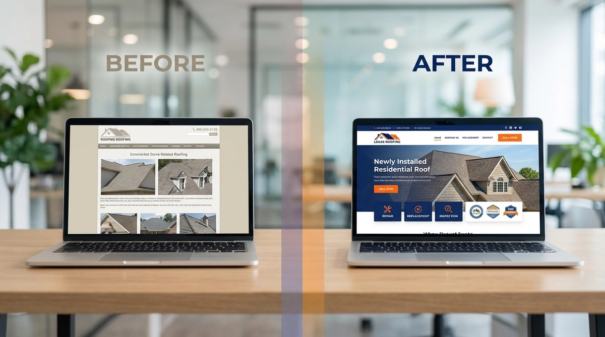 Side-by-side laptop screen comparison showing outdated cluttered roofing website on left with muted colors and buried phone number, versus modern roofing website on right with bold hero image, prominent click-to-call button, clear services, trust badges, and mobile-optimized layout
