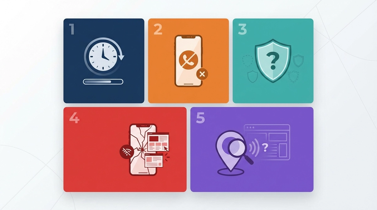 Bento grid infographic showing 5 roofing website conversion killers: slow response time, generic design, wrong keywords, slow site speed, and no clear call-to-action with numbered icons 1-5 in navy blue and orange